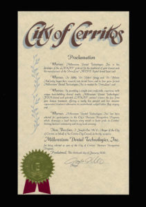 Proclamation from the City of Cerritos Business Recognition Program recognizing Millennium Dental Technologies, Inc.