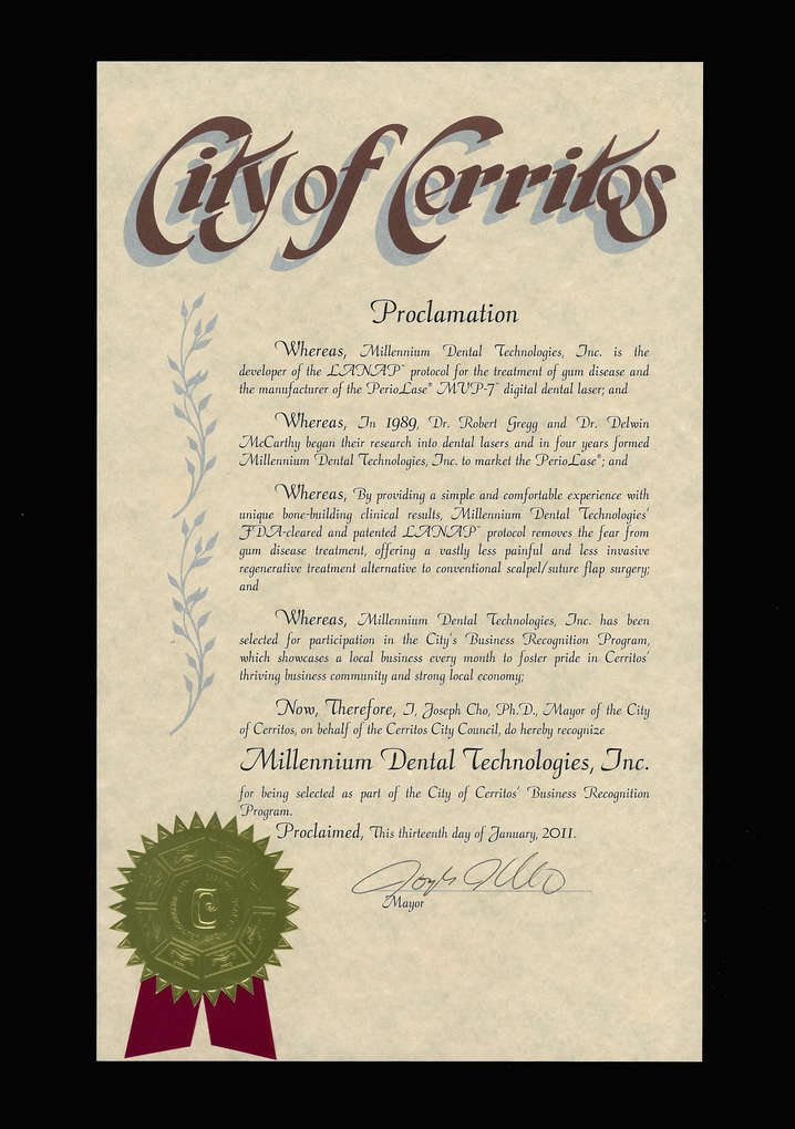 Millennium Dental Technologies Receives Proclamation From City of Cerritos for Contributions to the Local Economy
